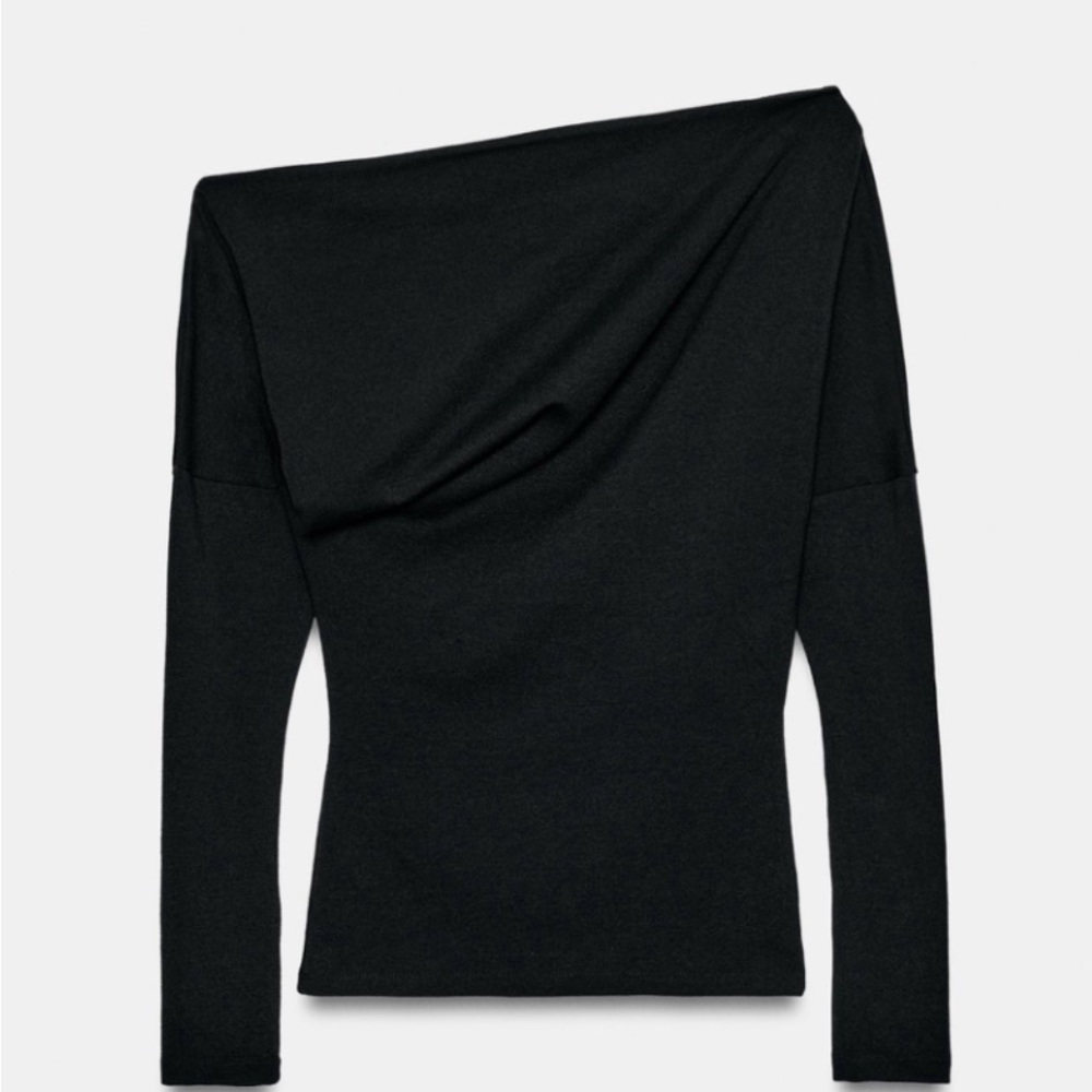 NWT ZARA Black Long-Sleeve Asymmetric Neck Soft Top Size S